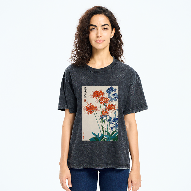 Tokyo-Tiger Red Spider Lily Bloom Washed T-Shirt