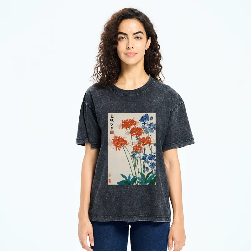 Tokyo-Tiger Red Spider Lily Bloom Washed T-Shirt