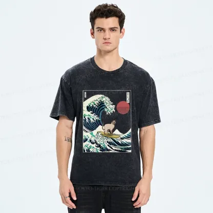 Tokyo-Tiger Siamese Cat Surfing Washed T-Shirt