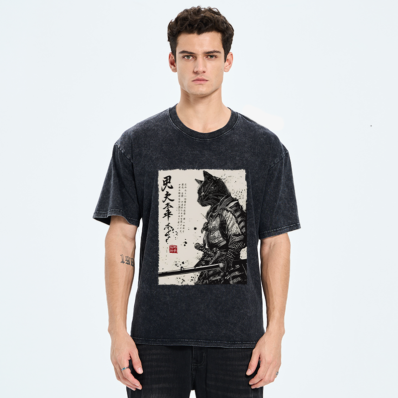 Tokyo-Tiger Japanese Samurai Cat Washed T-Shirt
