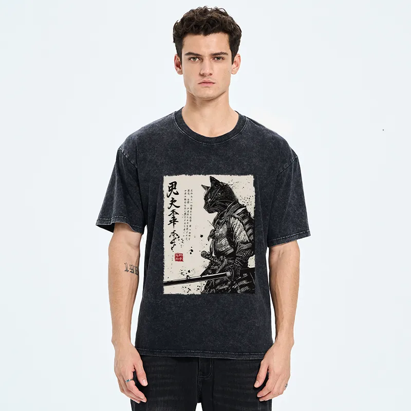 Tokyo-Tiger Japanese Samurai Cat Washed T-Shirt