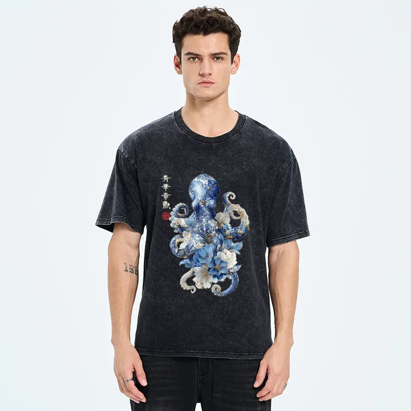 Tokyo-Tiger Porcelain Blossom Octopus Washed T-Shirt