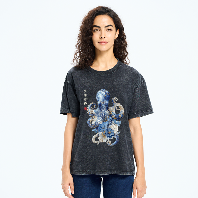 Tokyo-Tiger Porcelain Blossom Octopus Washed T-Shirt
