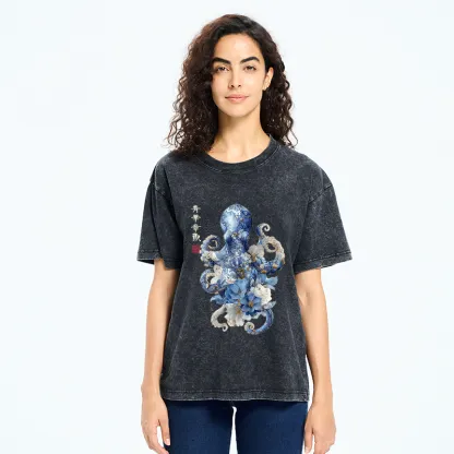Tokyo-Tiger Porcelain Blossom Octopus Washed T-Shirt