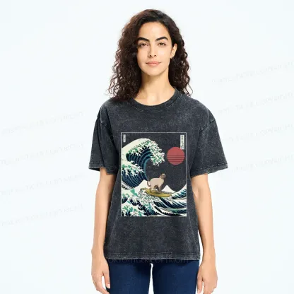 Tokyo-Tiger Siamese Cat Surfing Washed T-Shirt