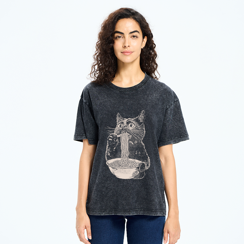 Tokyo-Tiger Black Cat Eats A Large Portion Of Ramen Washed T-Shirt