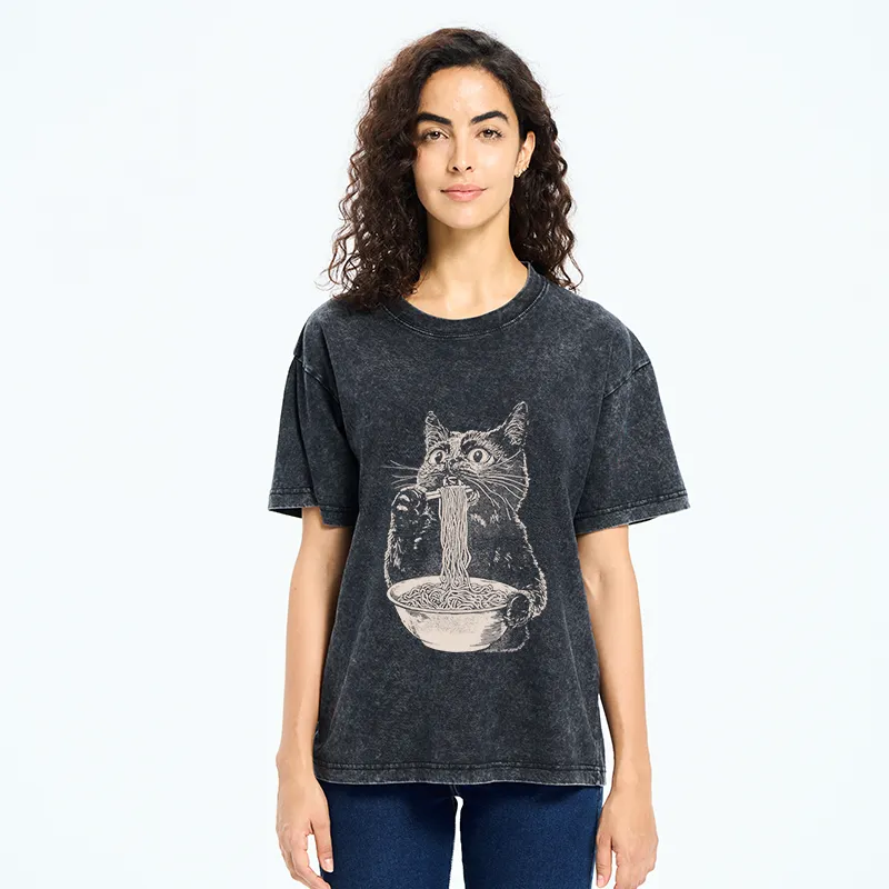 Tokyo-Tiger Black Cat Eats A Large Portion Of Ramen Washed T-Shirt