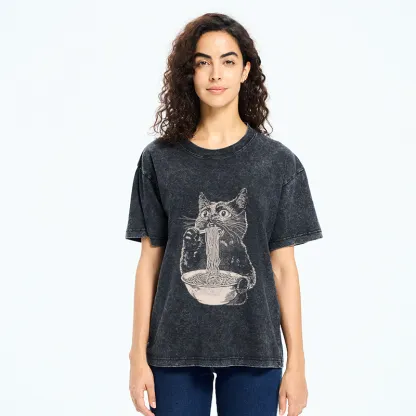 Tokyo-Tiger Black Cat Eats A Large Portion Of Ramen Washed T-Shirt