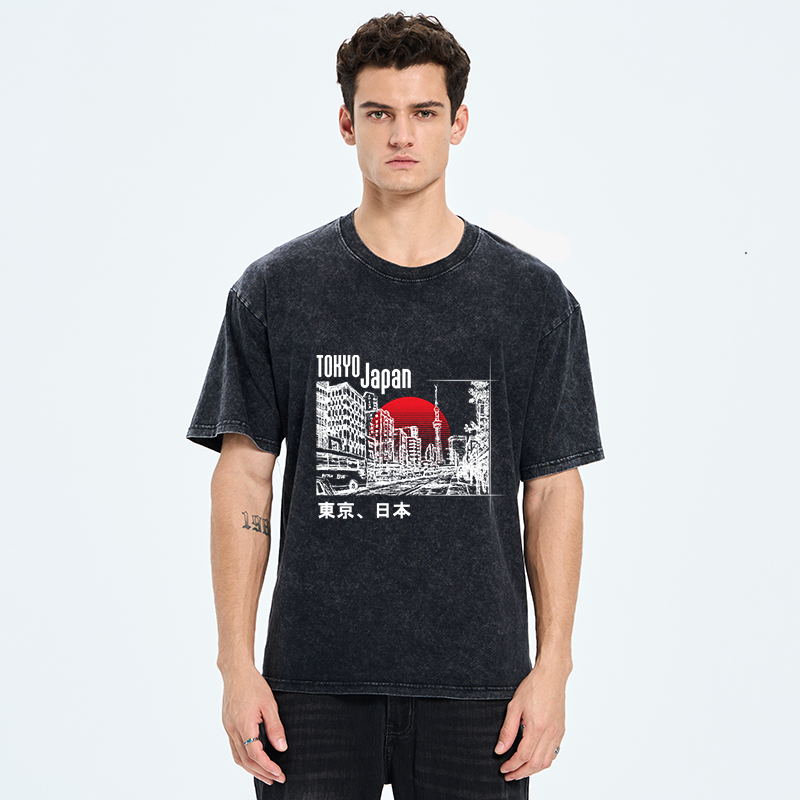 Tokyo-Tiger Bustling Street Scene In Japan Washed T-Shirt