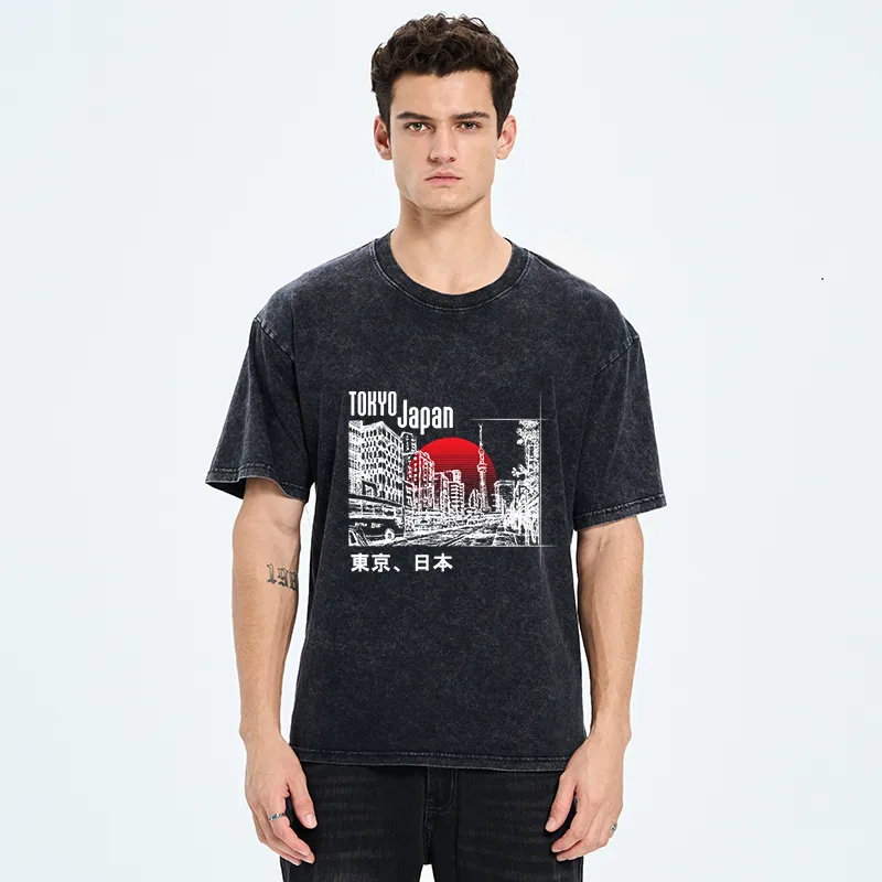 Tokyo-Tiger Bustling Street Scene In Japan Washed T-Shirt