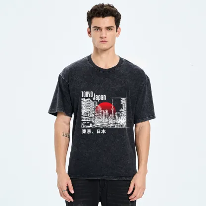 Tokyo-Tiger Bustling Street Scene In Japan Washed T-Shirt