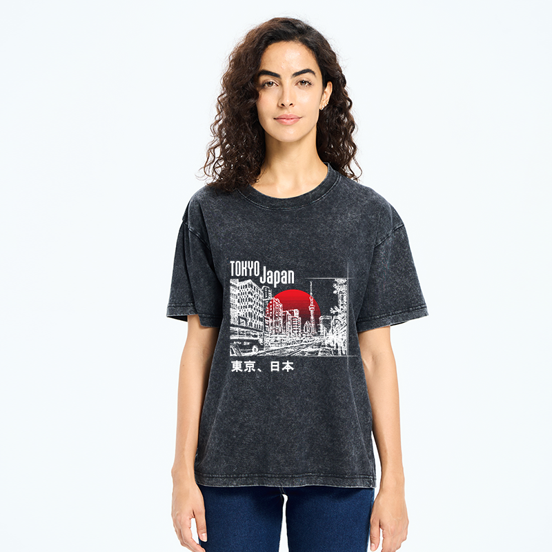 Tokyo-Tiger Bustling Street Scene In Japan Washed T-Shirt