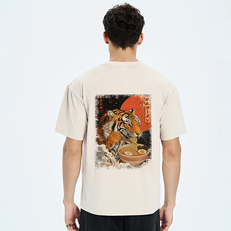 Tokyo-Tiger Ukiyoe Japan Tiger Eating Ramen Back Washed T-Shirt