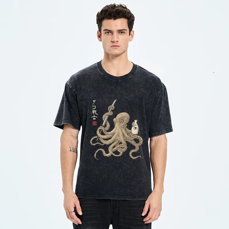 Tokyo-Tiger Octopus Samurai And Sake Washed T-Shirt