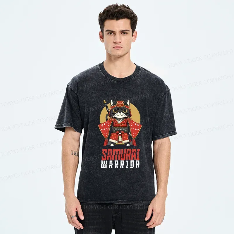 Tokyo-Tiger Mighty Cat Samurai Washed T-Shirt