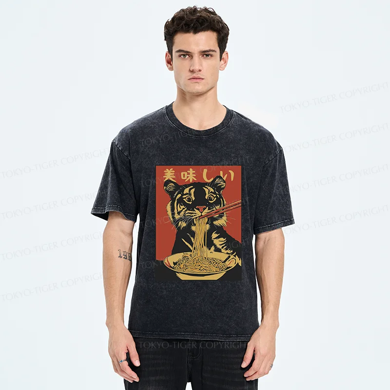 Tokyo-Tiger Tiger Eating Delicious Ramen Washed T-Shirt