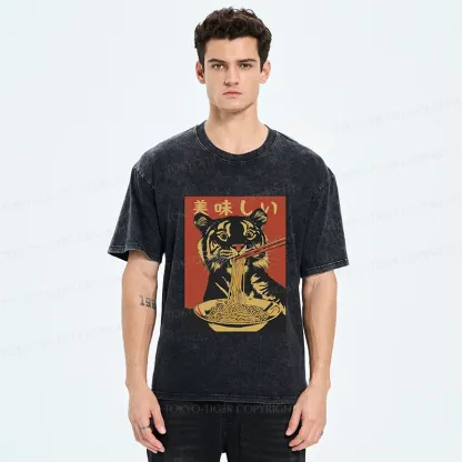 Tokyo-Tiger Tiger Eating Delicious Ramen Washed T-Shirt