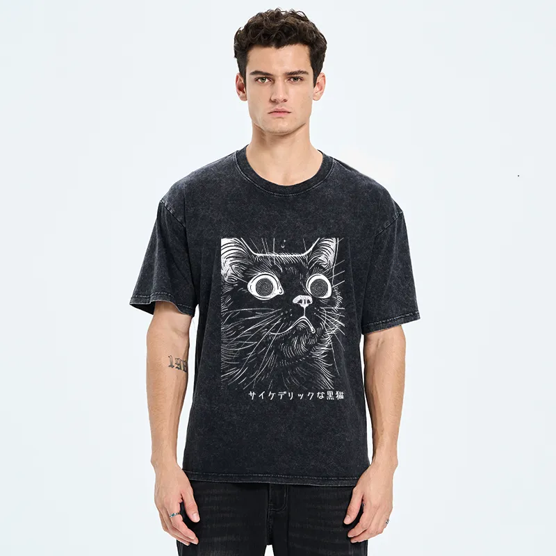 Tokyo-Tiger Trippy Black Cat Washed T-Shirt