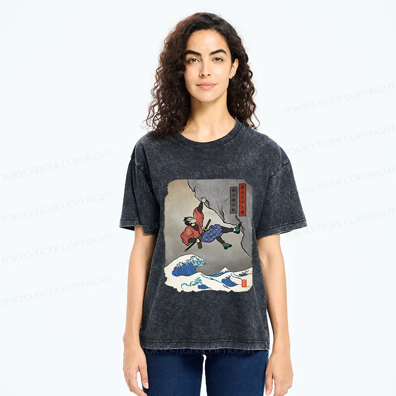 Tokyo-Tiger Japanese Samurai Rock Climbing Washed T-Shirt