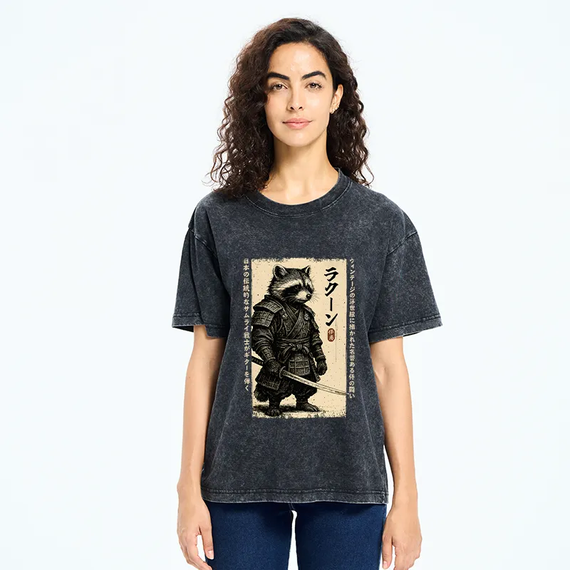 Tokyo-Tiger Raccoon Japanese Samurai Washed T-Shirt