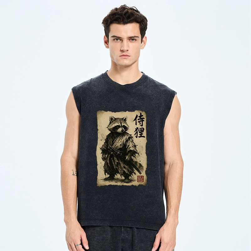 Tokyo-Tiger Retro Raccoon Samurai Washed Tank