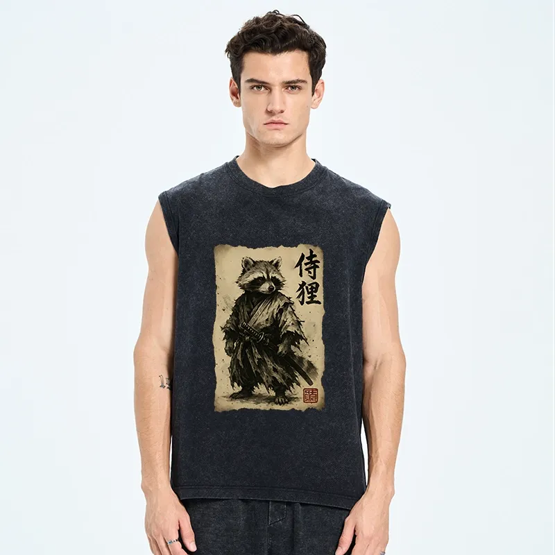 Tokyo-Tiger Retro Raccoon Samurai Washed Tank