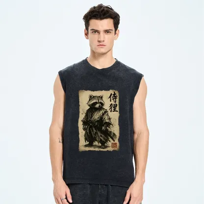 Tokyo-Tiger Retro Raccoon Samurai Washed Tank