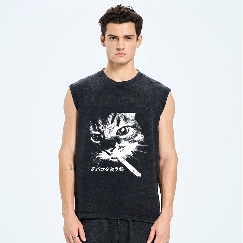 Tokyo-Tiger Retro Cat Smoking Washed Tank