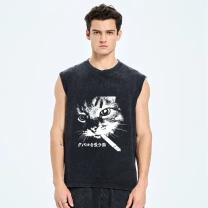 Tokyo-Tiger Retro Cat Smoking Washed Tank
