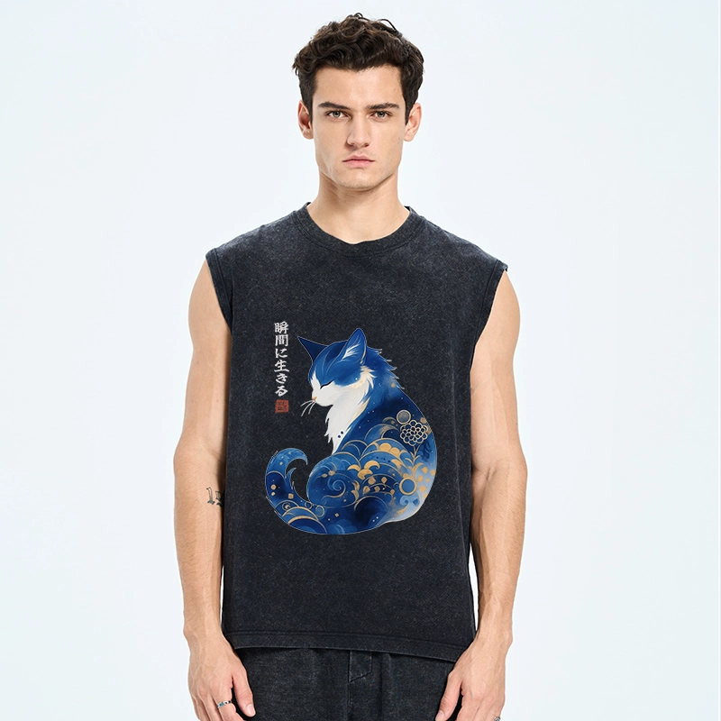 Tokyo-Tiger Retro Zen Cat: Living the Present Washed Tank