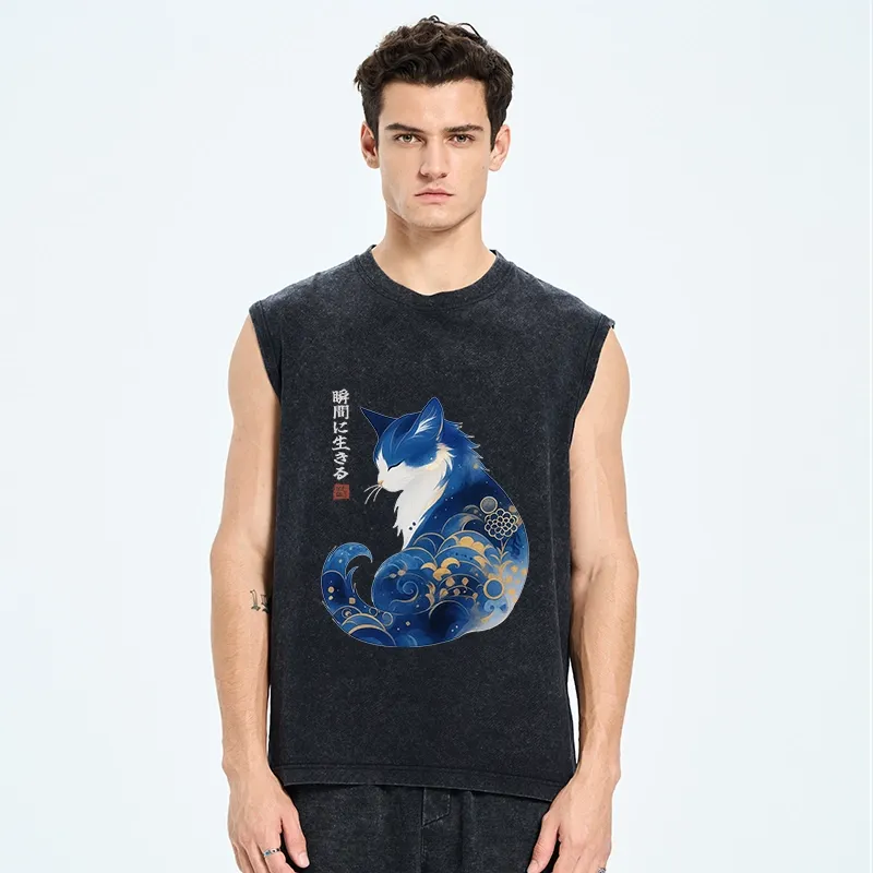 Tokyo-Tiger Retro Zen Cat: Living the Present Washed Tank