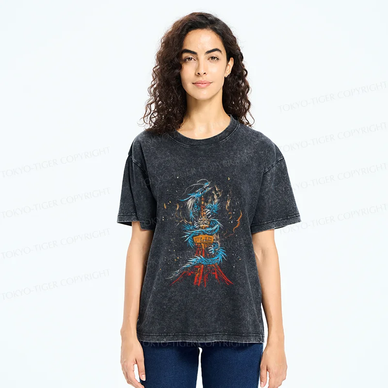 Tokyo-Tiger Dragon And Tokyo Tower Washed T-Shirt