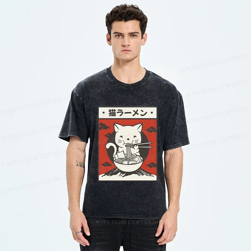 Tokyo-Tiger Retro White Cat Eating Ramen Washed T-Shirt