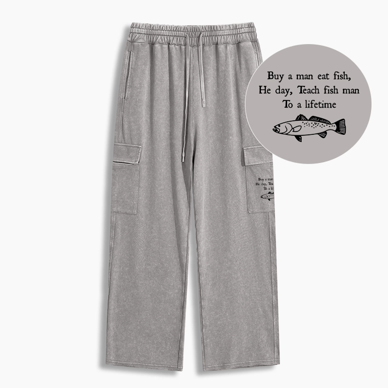 Tokyo-Tiger Man Eat Fish Meme Washed Utility Sweatpants
