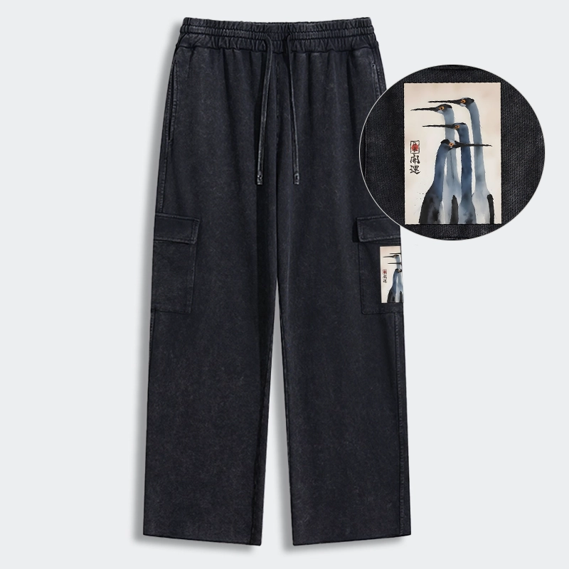Tokyo-Tiger Retro Sandhill Crane Washed Utility Sweatpants