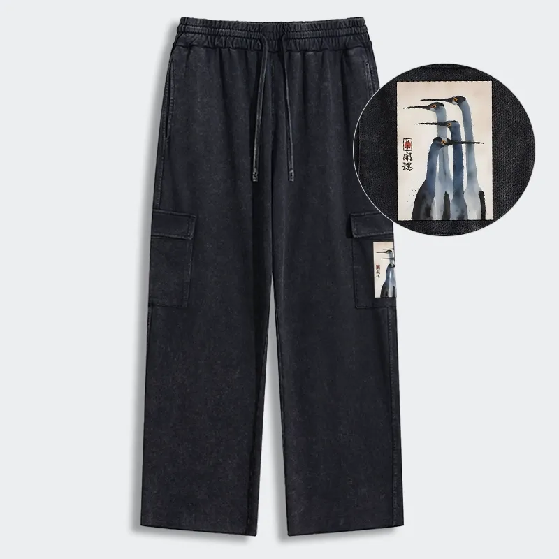 Tokyo-Tiger Retro Sandhill Crane Washed Utility Sweatpants