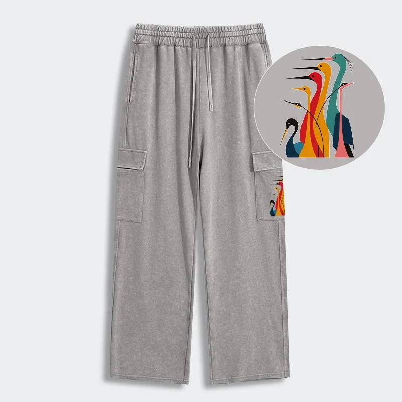 Tokyo-Tiger Various Types Of Cranes Washed Utility Sweatpants