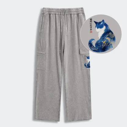 Tokyo-Tiger Retro Zen Cat: Living the Present Washed Utility Sweatpants