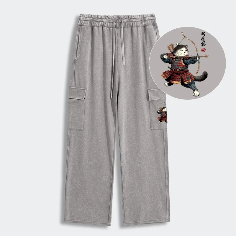 Tokyo-Tiger Kyudo Samurai Cat Washed Utility Sweatpants