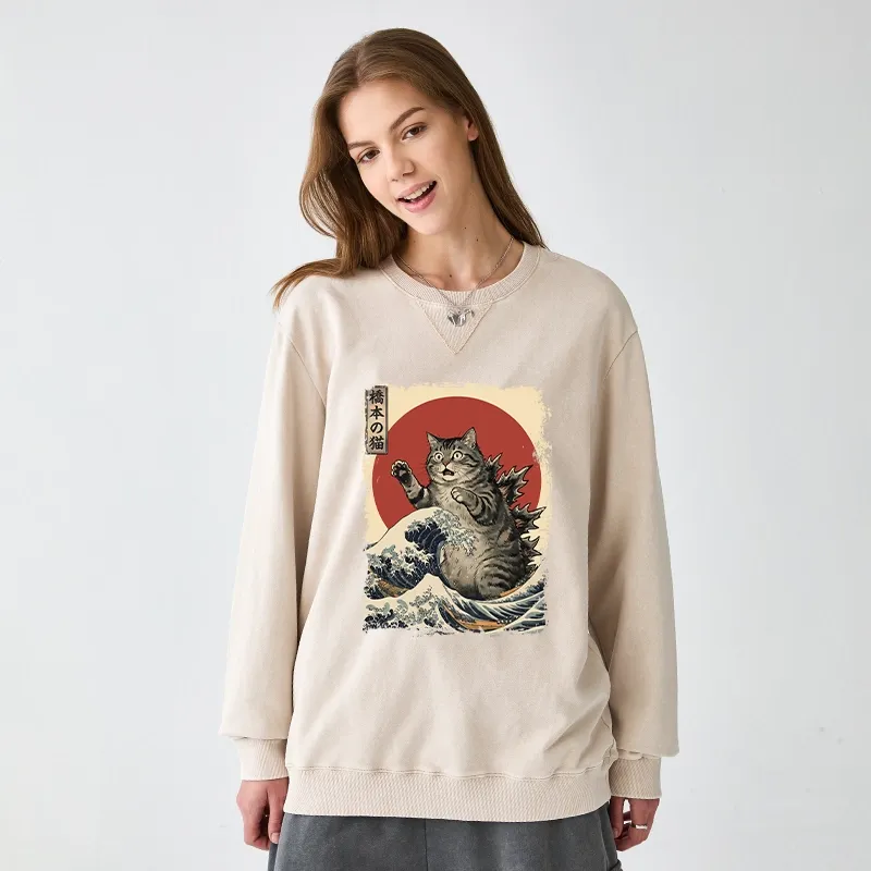 Tokyo-Tiger Catzilla Is Causing Destruction Washed Terry Sweatshirt