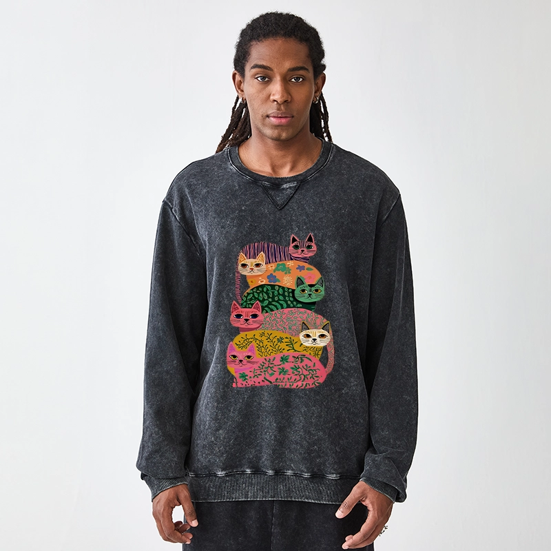 Tokyo-Tiger Colorful Cats Washed Terry Sweatshirt