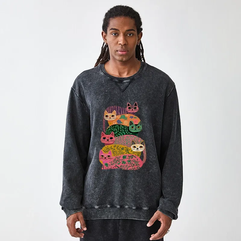 Tokyo-Tiger Colorful Cats Washed Terry Sweatshirt