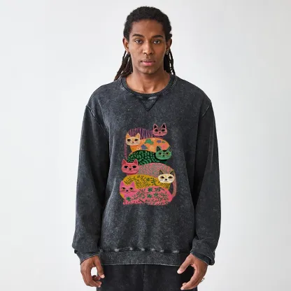 Tokyo-Tiger Colorful Cats Washed Terry Sweatshirt