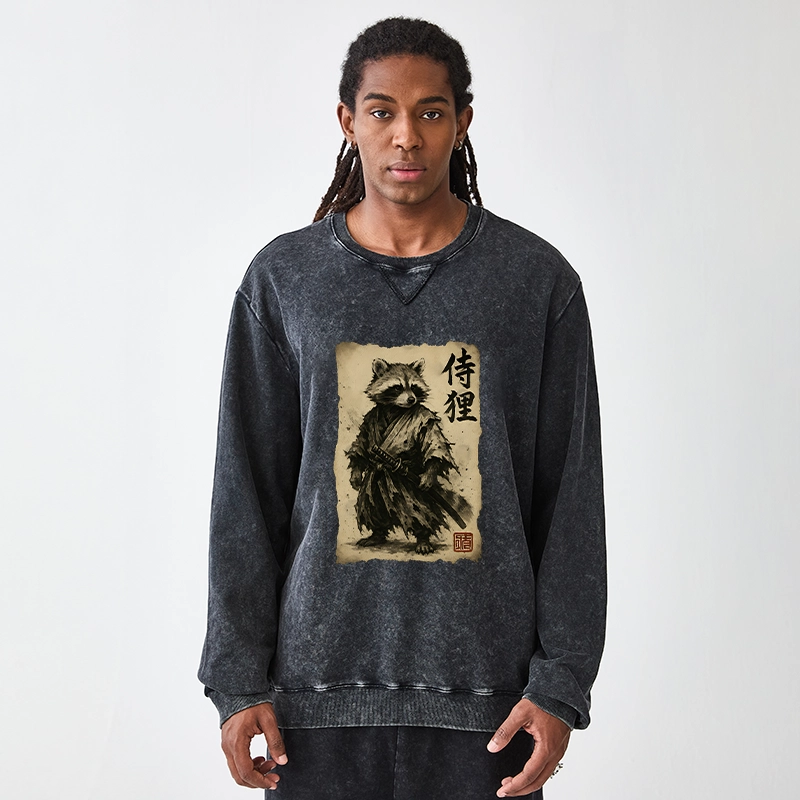 Tokyo-Tiger Retro Raccoon Samurai Washed Terry Sweatshirt