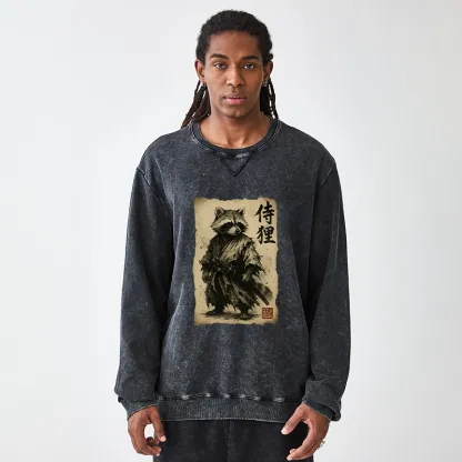 Tokyo-Tiger Retro Raccoon Samurai Washed Terry Sweatshirt