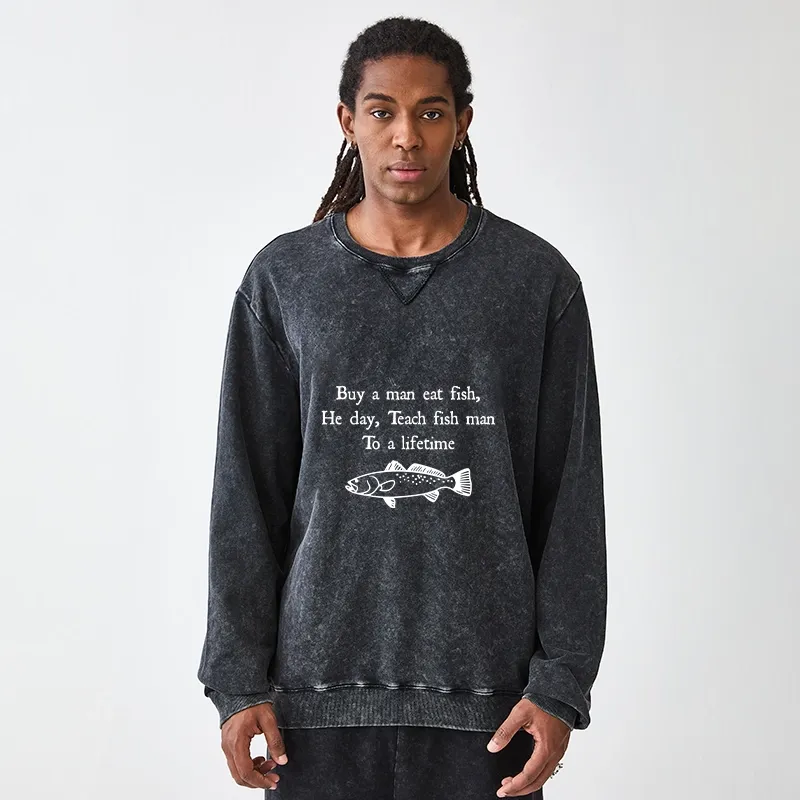 Tokyo-Tiger Man Eat Fish Meme Washed Terry Sweatshirt