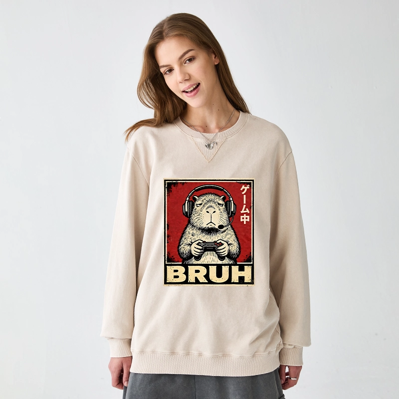 Tokyo-Tiger Funny Capybara Playing Games Washed Terry Sweatshirt