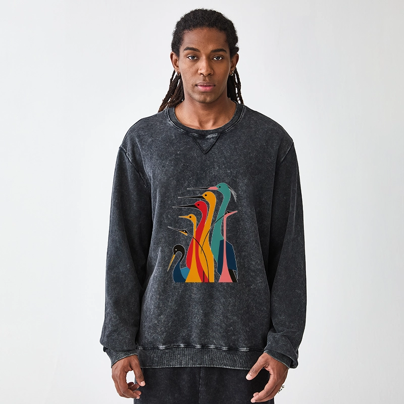 Tokyo-Tiger Various Types Of Cranes Washed Terry Sweatshirt