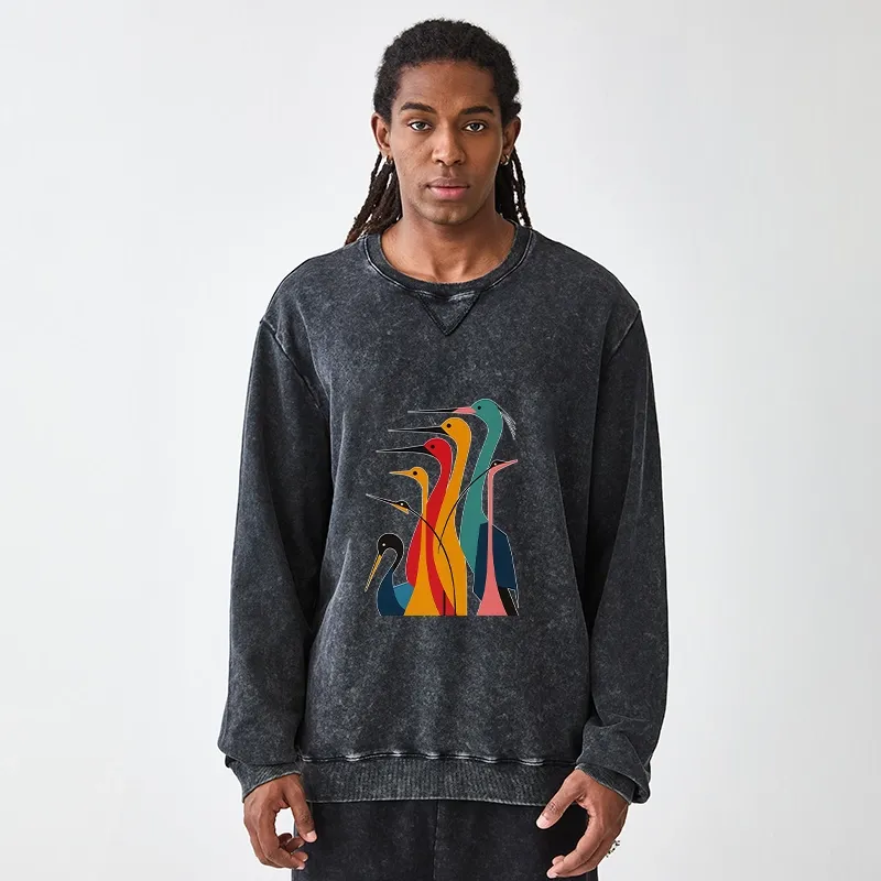 Tokyo-Tiger Various Types Of Cranes Washed Terry Sweatshirt