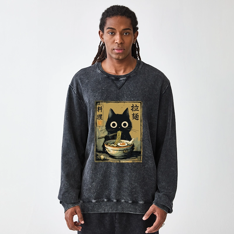 Tokyo-Tiger Cute Black Cat Eating Ramen Japan Washed Terry Sweatshirt